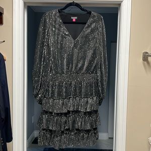 Vince Camuto tiered metallic long sleeve dress